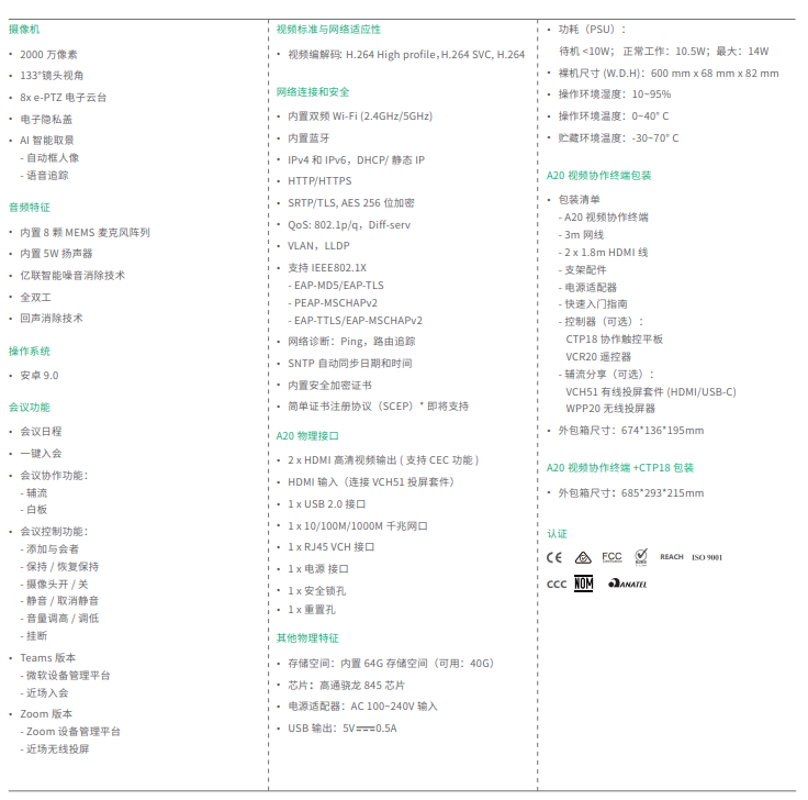 亿联MeetingBar A20-适用于小微型会议室的安卓视讯一体机